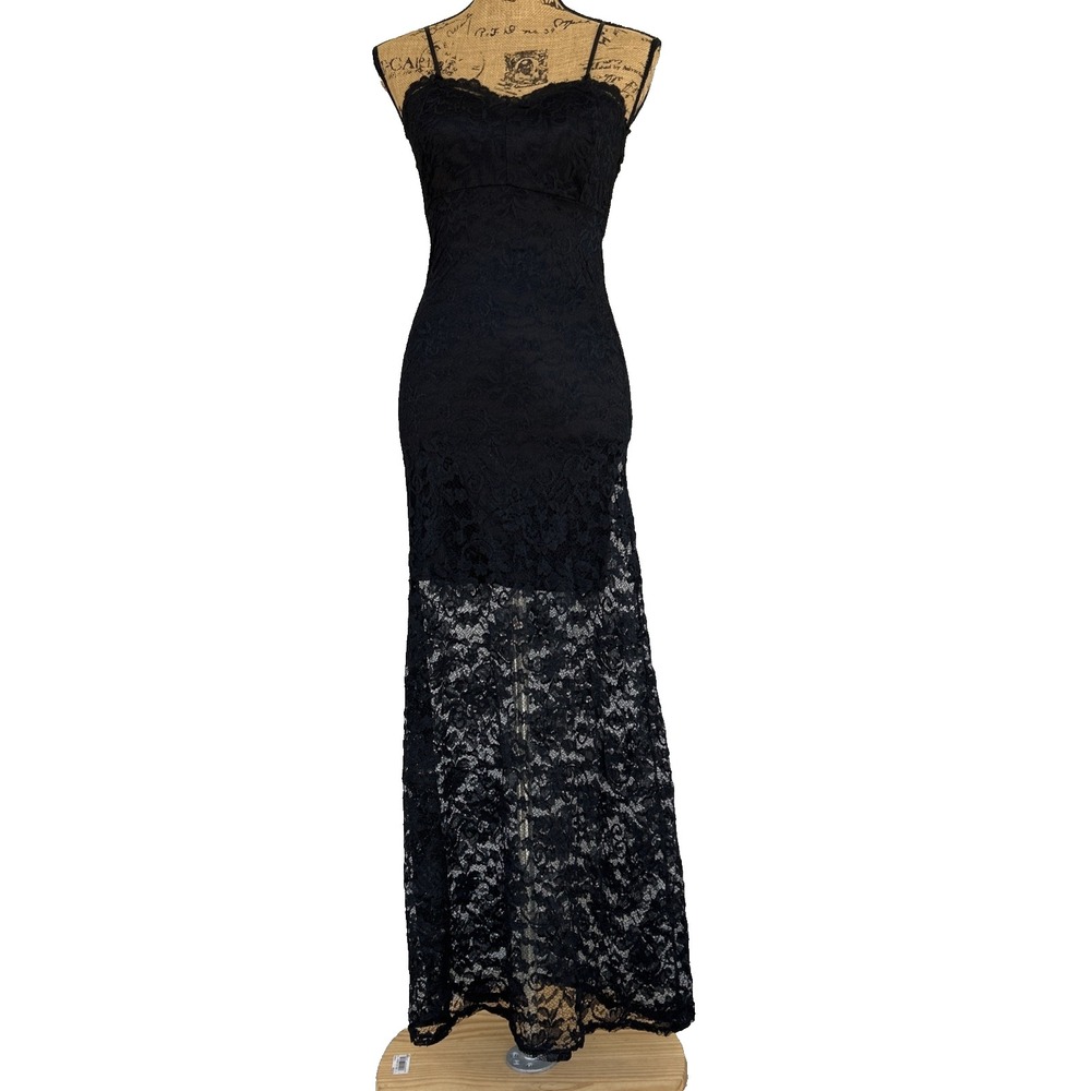 Boohoo Maxi Dress Black Lace Overlay Sz 8 Stretchy‎ Sweetheart Witchy Whimsigoth
